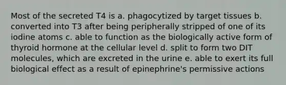 Most of the secreted T4 is a. phagocytized by target tissues b. converted into T3 after being peripherally stripped of one of its iodine atoms c. able to function as the biologically active form of thyroid hormone at the cellular level d. split to form two DIT molecules, which are excreted in the urine e. able to exert its full biological effect as a result of epinephrine's permissive actions