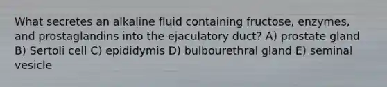 What secretes an alkaline fluid containing fructose, enzymes, and prostaglandins into the ejaculatory duct? A) prostate gland B) Sertoli cell C) epididymis D) bulbourethral gland E) seminal vesicle