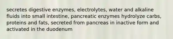 secretes digestive enzymes, electrolytes, water and alkaline fluids into small intestine, pancreatic enzymes hydrolyze carbs, proteins and fats, secreted from pancreas in inactive form and activated in the duodenum