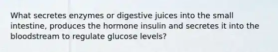 What secretes enzymes or digestive juices into the small intestine, produces the hormone insulin and secretes it into the bloodstream to regulate glucose levels?