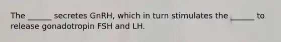 The ______ secretes GnRH, which in turn stimulates the ______ to release gonadotropin FSH and LH.