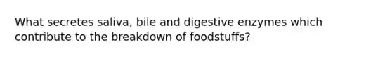 What secretes saliva, bile and digestive enzymes which contribute to the breakdown of foodstuffs?