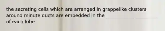 the secreting cells which are arranged in grappelike clusters around minute ducts are embedded in the ____________ _________ of each lobe