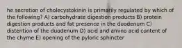 he secretion of cholecystokinin is primarily regulated by which of the following? A) carbohydrate digestion products B) protein digestion products and fat presence in the duodenum C) distention of the duodenum D) acid and amino acid content of the chyme E) opening of the pyloric sphincter