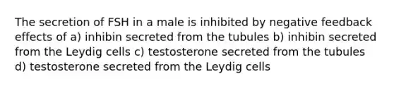 The secretion of FSH in a male is inhibited by negative feedback effects of a) inhibin secreted from the tubules b) inhibin secreted from the Leydig cells c) testosterone secreted from the tubules d) testosterone secreted from the Leydig cells