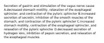 Secretion of gastrin and stimulation of the vagus nerve cause A.decreased stomach motility, relaxation of the esophageal sphincter, and contraction of the pyloric sphincter B.increased secretion of secretin, inhibition of the smooth muscles of the stomach, and contraction of the pyloric sphincter C.increased stomach motility, contraction of the esophageal sphincter, and relaxation of the pyloric sphincter D.decreased secretion of hydrogen ions, inhibition of pepsin secretion, and relaxation of the esophageal muscles