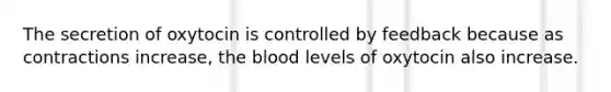 The secretion of oxytocin is controlled by feedback because as contractions increase, the blood levels of oxytocin also increase.