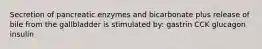 Secretion of pancreatic enzymes and bicarbonate plus release of bile from the gallbladder is stimulated by: gastrin CCK glucagon insulin