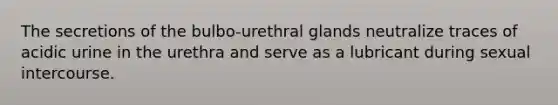 The secretions of the bulbo-urethral glands neutralize traces of acidic urine in the urethra and serve as a lubricant during sexual intercourse.