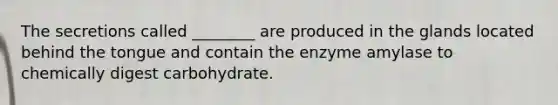 The secretions called ________ are produced in the glands located behind the tongue and contain the enzyme amylase to chemically digest carbohydrate.