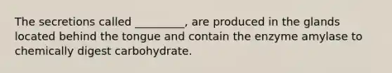 The secretions called _________, are produced in the glands located behind the tongue and contain the enzyme amylase to chemically digest carbohydrate.