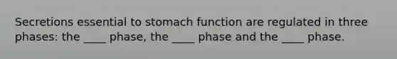 Secretions essential to stomach function are regulated in three phases: the ____ phase, the ____ phase and the ____ phase.