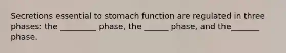 Secretions essential to stomach function are regulated in three phases: the _________ phase, the ______ phase, and the_______ phase.