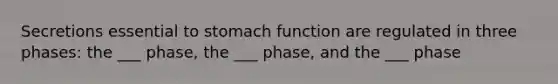 Secretions essential to stomach function are regulated in three phases: the ___ phase, the ___ phase, and the ___ phase