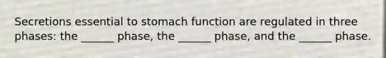 Secretions essential to stomach function are regulated in three phases: the ______ phase, the ______ phase, and the ______ phase.