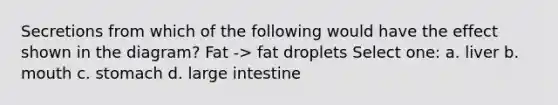 Secretions from which of the following would have the effect shown in the diagram? Fat -> fat droplets Select one: a. liver b. mouth c. stomach d. <a href='https://www.questionai.com/knowledge/kGQjby07OK-large-intestine' class='anchor-knowledge'>large intestine</a>