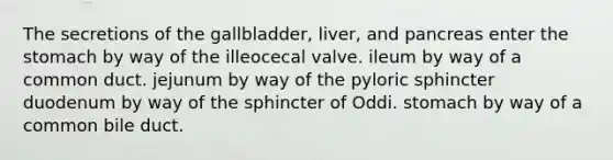 The secretions of the gallbladder, liver, and pancreas enter the stomach by way of the illeocecal valve. ileum by way of a common duct. jejunum by way of the pyloric sphincter duodenum by way of the sphincter of Oddi. stomach by way of a common bile duct.