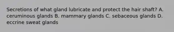 Secretions of what gland lubricate and protect the hair shaft? A. ceruminous glands B. mammary glands C. sebaceous glands D. eccrine sweat glands