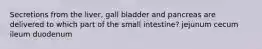 Secretions from the liver, gall bladder and pancreas are delivered to which part of the small intestine? jejunum cecum ileum duodenum