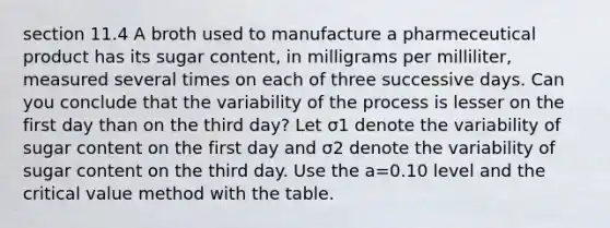 section 11.4 A broth used to manufacture a pharmeceutical product has its sugar content, in milligrams per milliliter, measured several times on each of three successive days. Can you conclude that the variability of the process is lesser on the first day than on the third day? Let σ1 denote the variability of sugar content on the first day and σ2 denote the variability of sugar content on the third day. Use the a=0.10 level and the critical value method with the table.