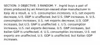 SECTION: 3 OBJECTIVE: 3 RANDOM: Y . Ingrid buys a pair of shoes produced by an American-owned shoe manufacturer in Italy. As a result, a. U.S. consumption increases, U.S. net exports decrease, U.S. GDP is unaffected, but U.S. GNP increases. b. U.S. consumption increases, U.S. net exports decrease, U.S. GDP increases, but U.S. GNP is unaffected. c. U.S. consumption increases, U.S. net exports decrease, U.S. GNP increases, but Italian GDP is unaffected. d. U.S. consumption increases, U.S. net exports are unaffected, U.S. GDP is unaffected, but Italian GDP increases.