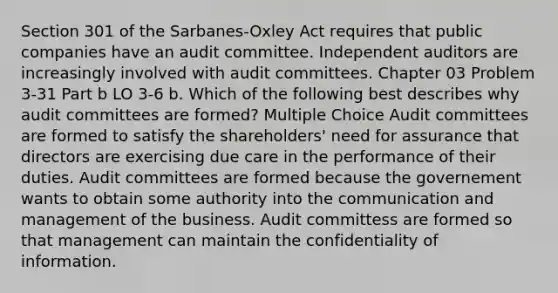 Section 301 of the Sarbanes-Oxley Act requires that public companies have an audit committee. Independent auditors are increasingly involved with audit committees. Chapter 03 Problem 3-31 Part b LO 3-6 b. Which of the following best describes why audit committees are formed? Multiple Choice Audit committees are formed to satisfy the shareholders' need for assurance that directors are exercising due care in the performance of their duties. Audit committees are formed because the governement wants to obtain some authority into the communication and management of the business. Audit committess are formed so that management can maintain the confidentiality of information.