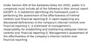 Under Section 404 of the Sarbanes-Oxley Act (SOX), public U.S. companies must include all of the following in their annual report EXCEPT: A. A statement identifying the framework used in performing the assessment of the effectiveness of internal controls over financial reporting B. A report explaining any discovered deficiencies in the company's internal controls over financial reporting C. A statement of management's responsibility for establishing and maintaining adequate internal controls over financial reporting D. Management's assessment of the effectiveness of the company's internal controls over financial reporting