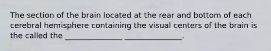 The section of the brain located at the rear and bottom of each cerebral hemisphere containing the visual centers of the brain is the called the _______________ _______________.