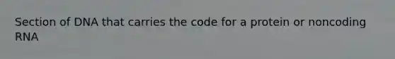 Section of DNA that carries the code for a protein or noncoding RNA