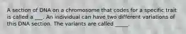 A section of DNA on a chromosome that codes for a specific trait is called a ___. An individual can have two different variations of this DNA section. The variants are called _____.