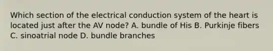 Which section of the electrical conduction system of <a href='https://www.questionai.com/knowledge/kya8ocqc6o-the-heart' class='anchor-knowledge'>the heart</a> is located just after the AV​ node? A. bundle of His B. Purkinje fibers C. sinoatrial node D. bundle branches