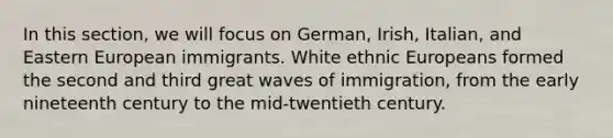 In this section, we will focus on German, Irish, Italian, and Eastern European immigrants. White ethnic Europeans formed the second and third great waves of immigration, from the early nineteenth century to the mid-twentieth century.