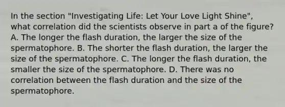 In the section "Investigating Life: Let Your Love Light Shine", what correlation did the scientists observe in part a of the figure? A. The longer the flash duration, the larger the size of the spermatophore. B. The shorter the flash duration, the larger the size of the spermatophore. C. The longer the flash duration, the smaller the size of the spermatophore. D. There was no correlation between the flash duration and the size of the spermatophore.