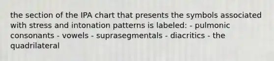 the section of the IPA chart that presents the symbols associated with stress and intonation patterns is labeled: - pulmonic consonants - vowels - suprasegmentals - diacritics - the quadrilateral