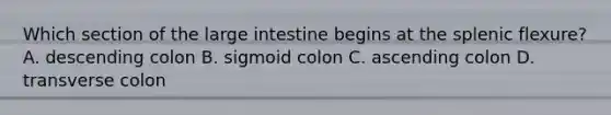 Which section of the large intestine begins at the splenic flexure? A. descending colon B. sigmoid colon C. ascending colon D. transverse colon