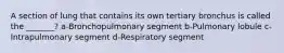 A section of lung that contains its own tertiary bronchus is called the _______? a-Bronchopulmonary segment b-Pulmonary lobule c-Intrapulmonary segment d-Respiratory segment