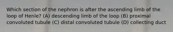 Which section of the nephron is after the ascending limb of the loop of Henle? (A) descending limb of the loop (B) proximal convoluted tubule (C) distal convoluted tubule (D) collecting duct