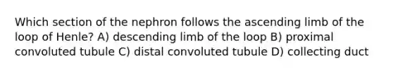 Which section of the nephron follows the ascending limb of the loop of Henle? A) descending limb of the loop B) proximal convoluted tubule C) distal convoluted tubule D) collecting duct