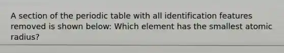 A section of the periodic table with all identification features removed is shown below: Which element has the smallest atomic radius?