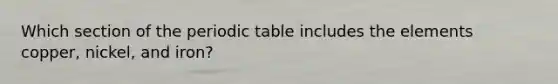 Which section of the periodic table includes the elements copper, nickel, and iron?
