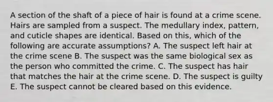 A section of the shaft of a piece of hair is found at a crime scene. Hairs are sampled from a suspect. The medullary index, pattern, and cuticle shapes are identical. Based on this, which of the following are accurate assumptions? A. The suspect left hair at the crime scene B. The suspect was the same biological sex as the person who committed the crime. C. The suspect has hair that matches the hair at the crime scene. D. The suspect is guilty E. The suspect cannot be cleared based on this evidence.