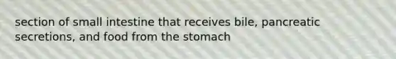 section of small intestine that receives bile, pancreatic secretions, and food from the stomach