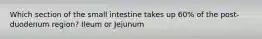 Which section of the small intestine takes up 60% of the post-duodenum region? Ileum or Jejunum