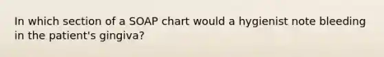 In which section of a SOAP chart would a hygienist note bleeding in the patient's gingiva?