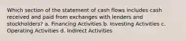 Which section of the statement of cash flows includes cash received and paid from exchanges with lenders and stockholders? a. Financing Activities b. Investing Activities c. Operating Activities d. Indirect Activities