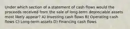 Under which section of a statement of cash flows would the proceeds received from the sale of long-term depreciable assets most likely appear? A) Investing cash flows B) Operating cash flows C) Long-term assets D) Financing cash flows