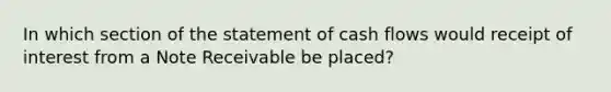 In which section of the statement of cash flows would receipt of interest from a Note Receivable be placed?