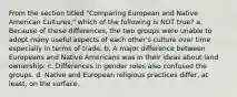 From the section titled "Comparing European and Native American Cultures," which of the following is NOT true? a. Because of these differences, the two groups were unable to adopt many useful aspects of each other's culture over time especially in terms of trade. b. A major difference between Europeans and Native Americans was in their ideas about land ownership. c. Differences in gender roles also confused the groups. d. Native and European religious practices differ, at least, on the surface.