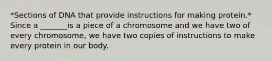 *Sections of DNA that provide instructions for making protein.* Since a _______is a piece of a chromosome and we have two of every chromosome, we have two copies of instructions to make every protein in our body.