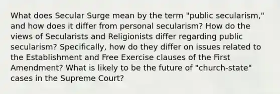 What does Secular Surge mean by the term "public secularism," and how does it differ from personal secularism? How do the views of Secularists and Religionists differ regarding public secularism? Specifically, how do they differ on issues related to the Establishment and Free Exercise clauses of the First Amendment? What is likely to be the future of "church-state" cases in the Supreme Court?